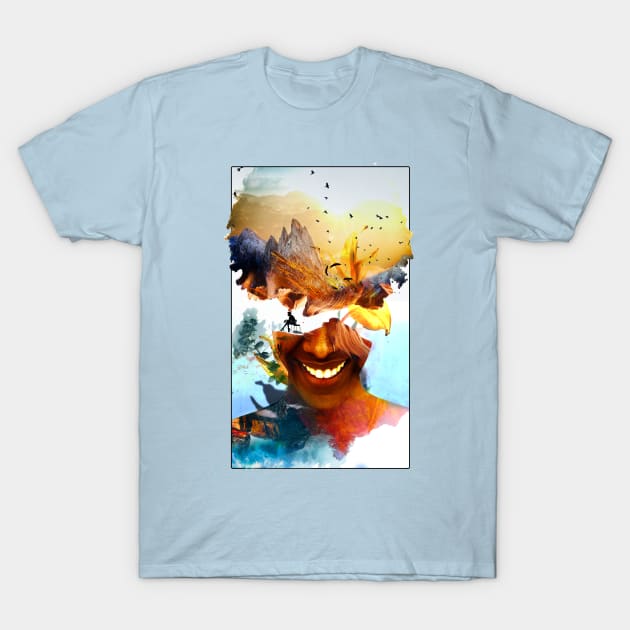 Her Mountain Smile Afro Double Exposure Nature Beautiful T-Shirt by Glass Table Designs